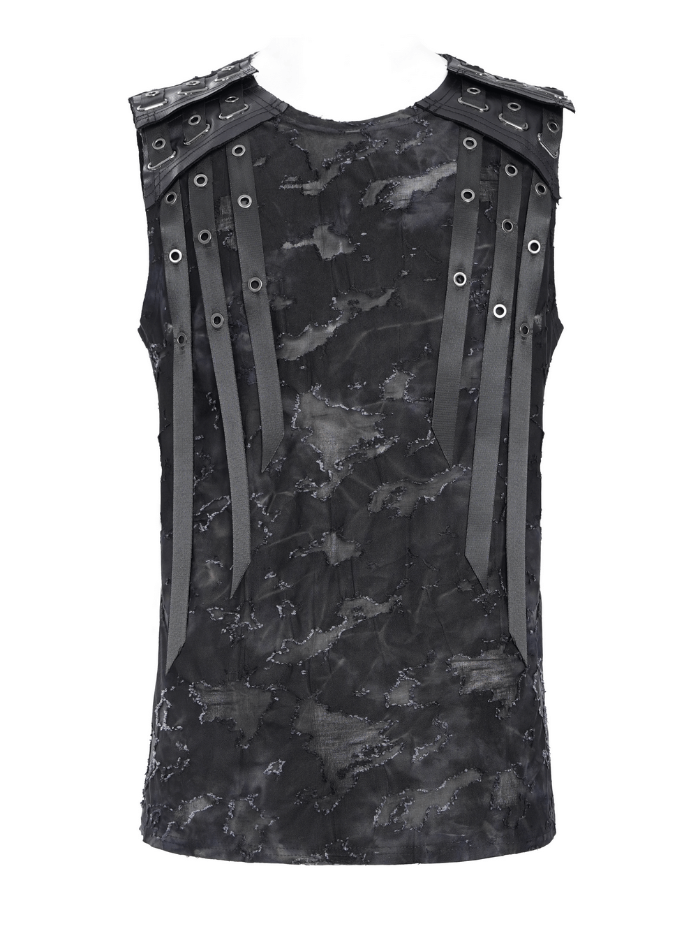 Distressed Black Sleeveless Top with Eyelet Straps Detail