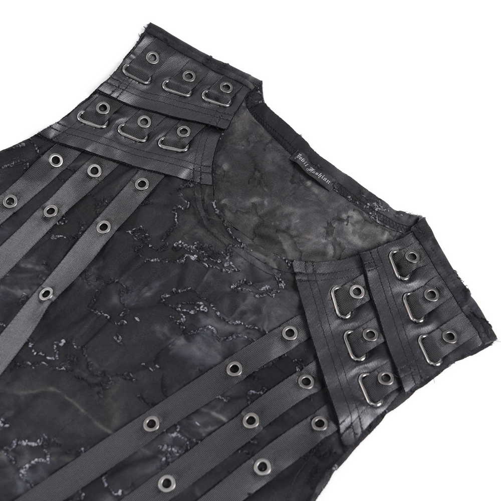 Distressed Black Sleeveless Top with Eyelet Straps Detail