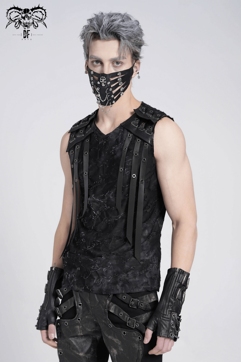 Distressed Black Sleeveless Top with Eyelet Straps Detail