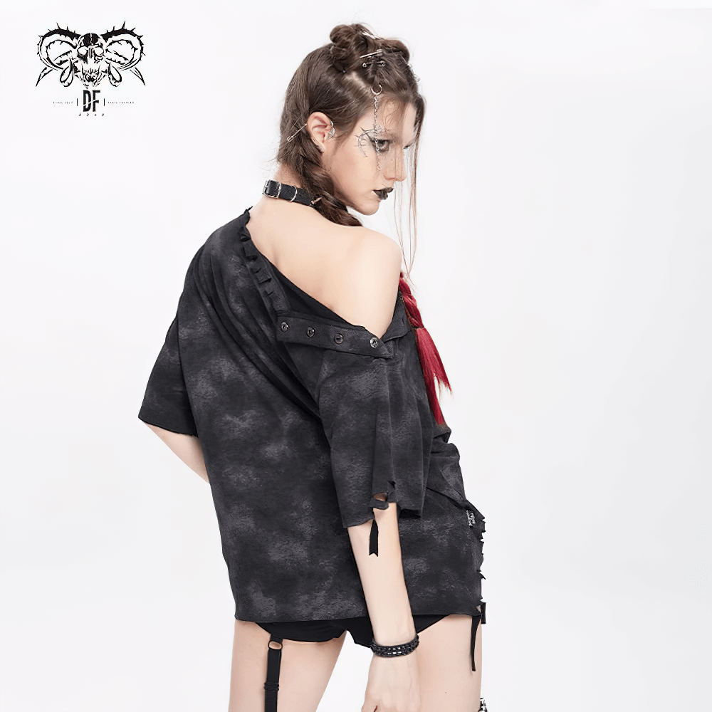 Distressed Demon Graphic T-Shirt with Ties and Rips