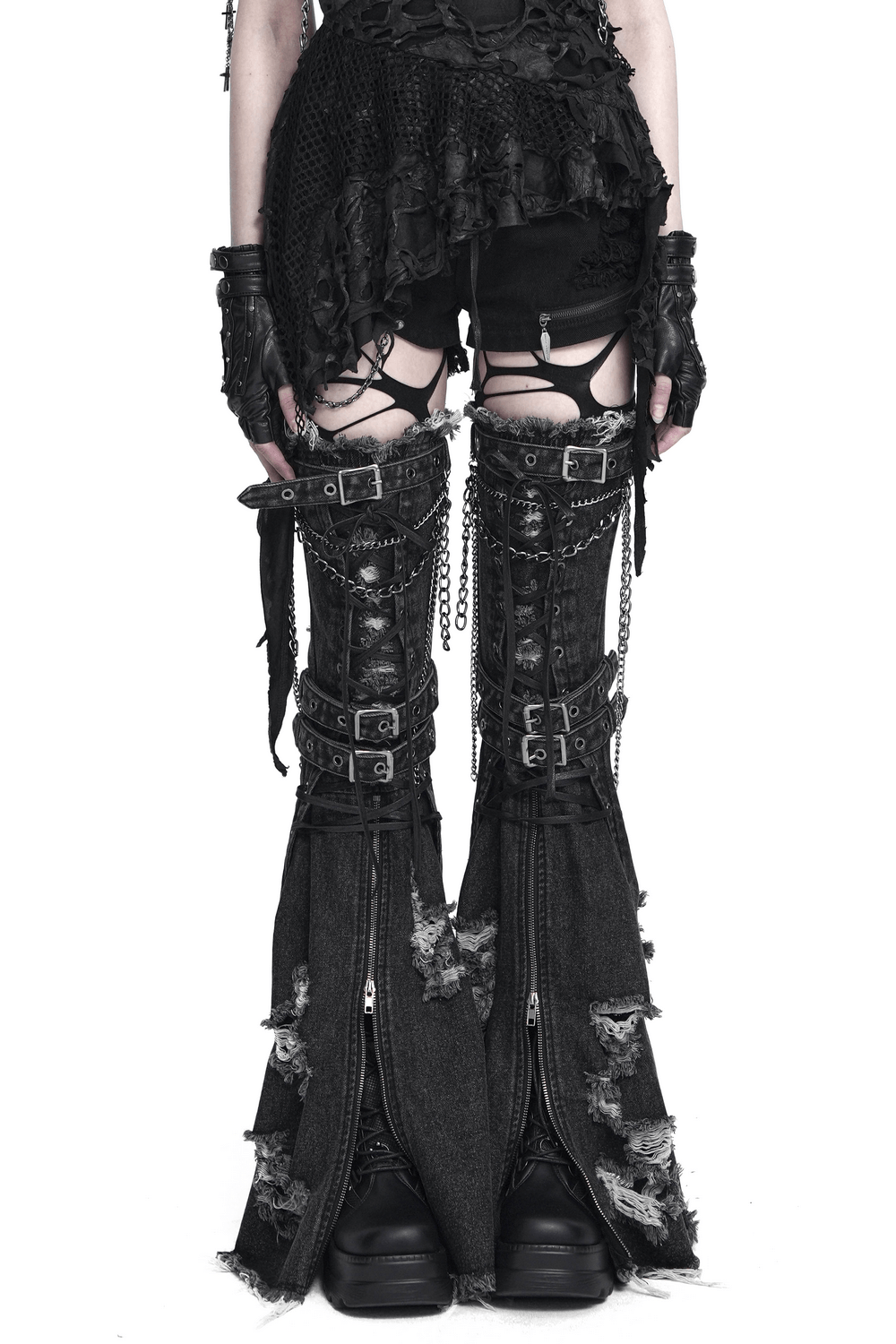 Distressed Denim Leg Warmers with Chains and Buckles