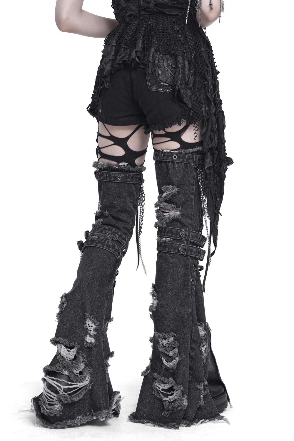 Distressed Denim Leg Warmers with Chains and Buckles