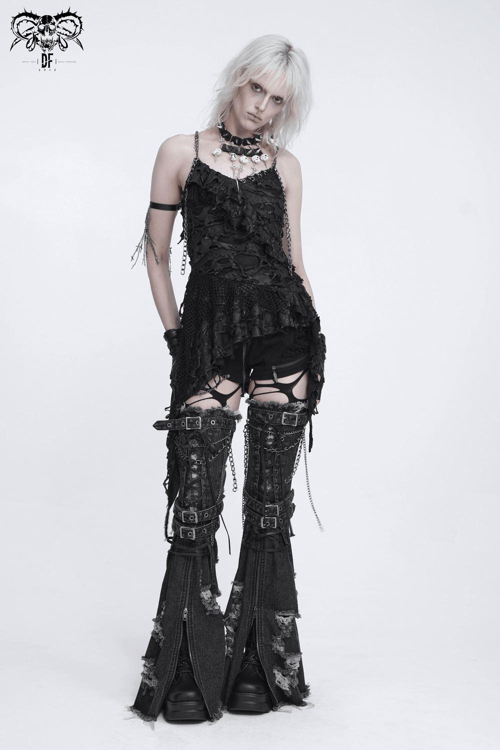 Distressed Denim Leg Warmers with Chains and Buckles