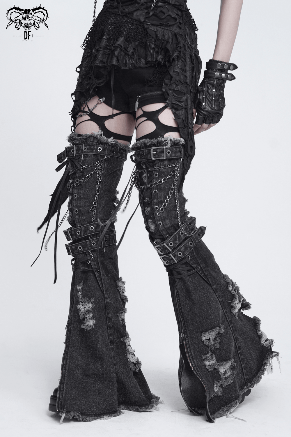 Distressed Denim Leg Warmers with Chains and Buckles