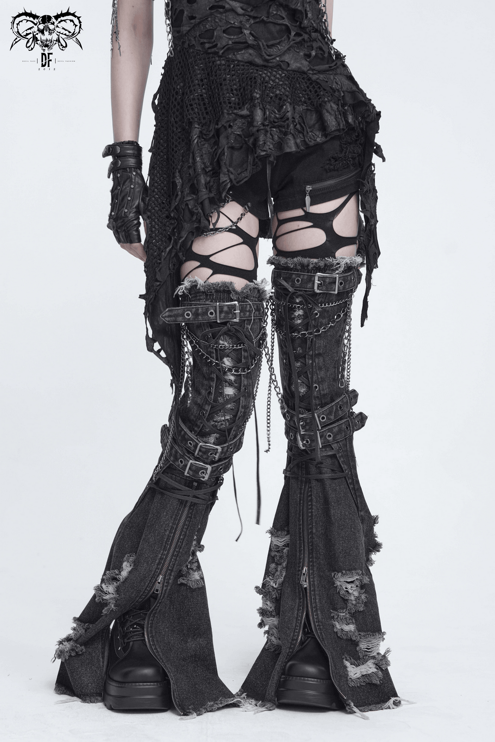 Distressed Denim Leg Warmers with Chains and Buckles
