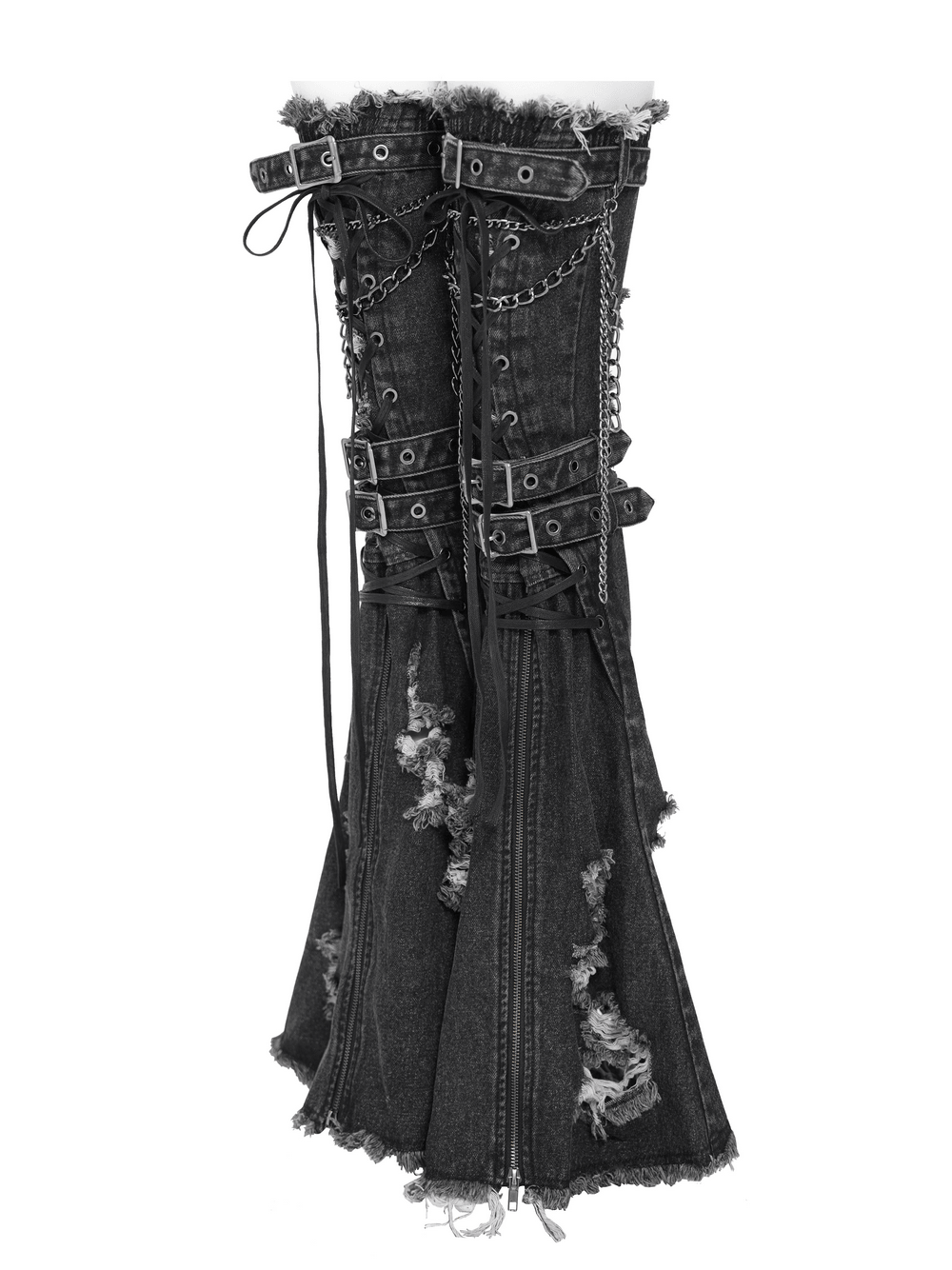 Distressed Denim Leg Warmers with Chains and Buckles