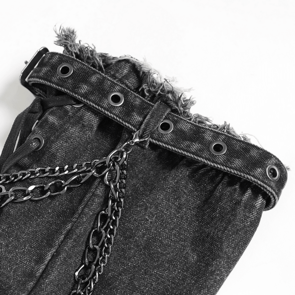 Distressed Denim Leg Warmers with Chains and Buckles