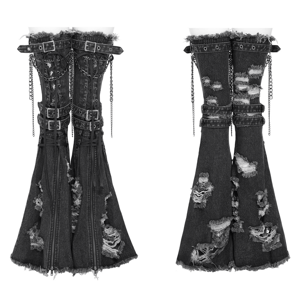 Distressed Denim Leg Warmers with Chains and Buckles