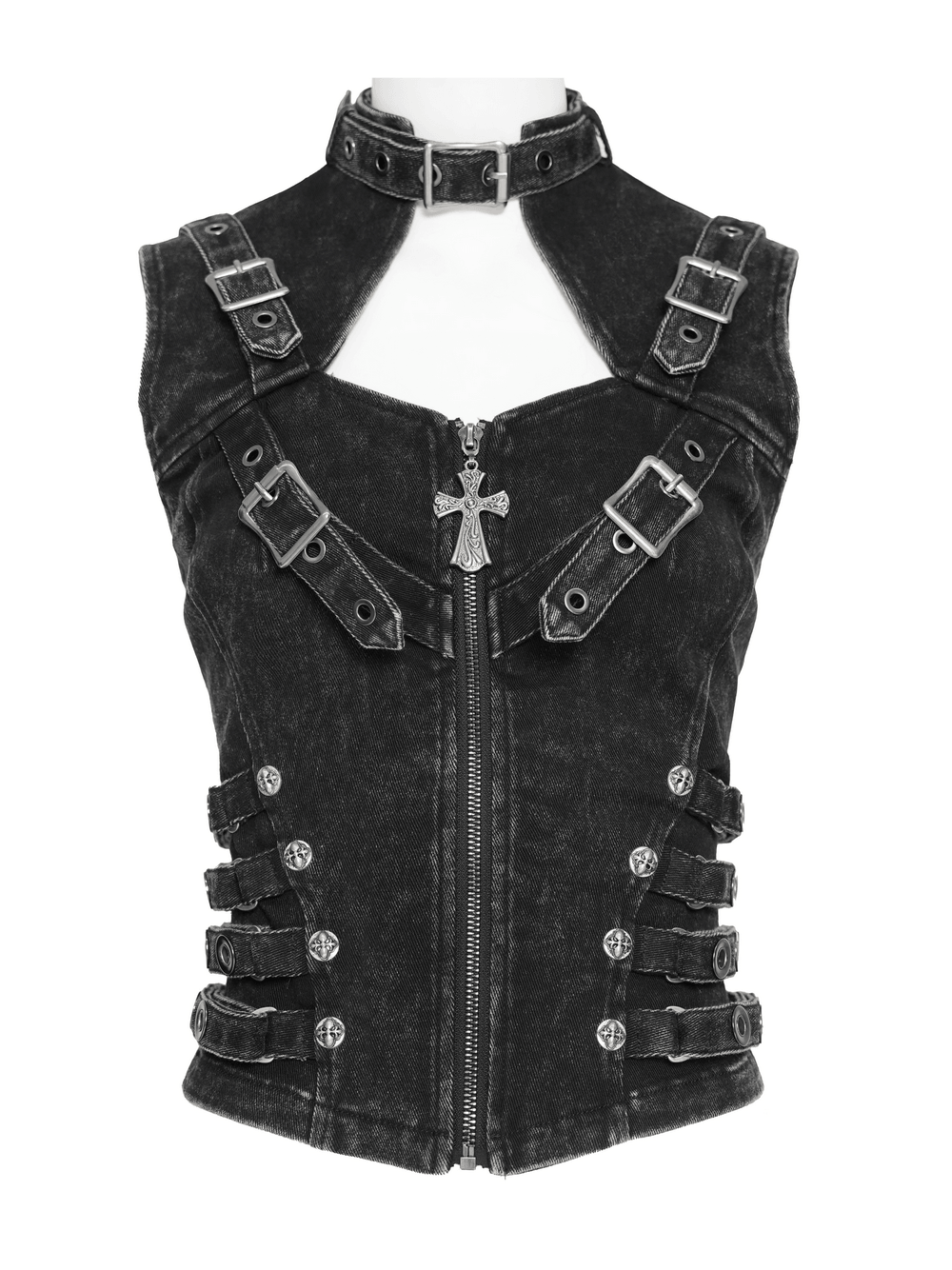 Distressed Gothic Vest With Buckle Strap Detail
