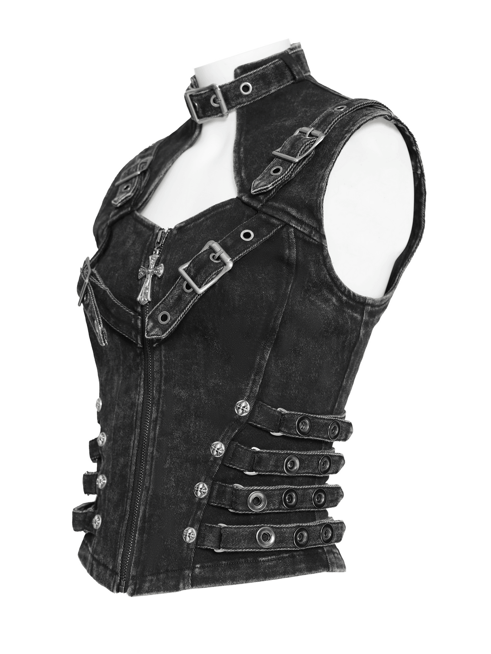 Distressed Gothic Vest With Buckle Strap Detail