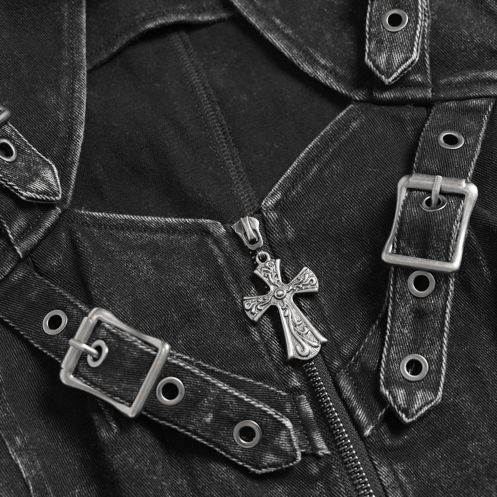 Distressed Gothic Vest With Buckle Strap Detail