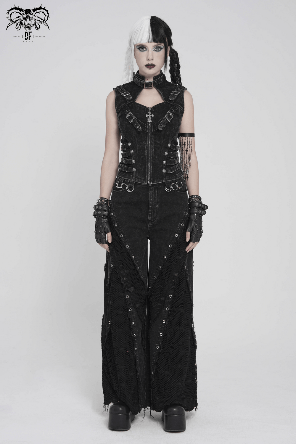 Distressed Gothic Vest With Buckle Strap Detail