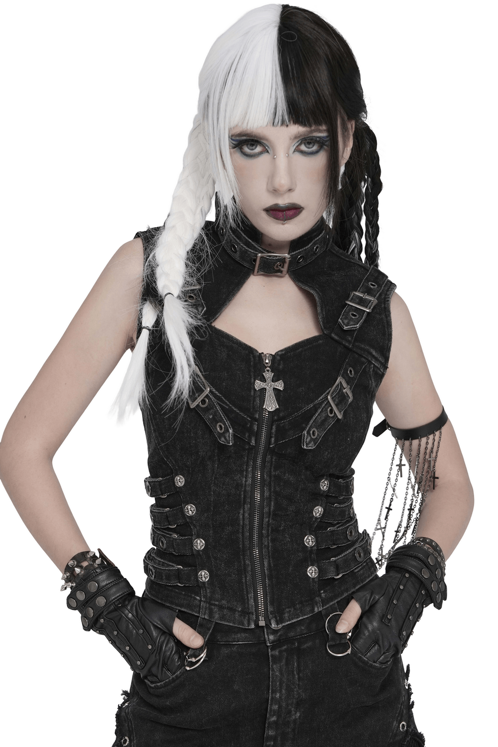 Distressed Gothic Vest With Buckle Strap Detail
