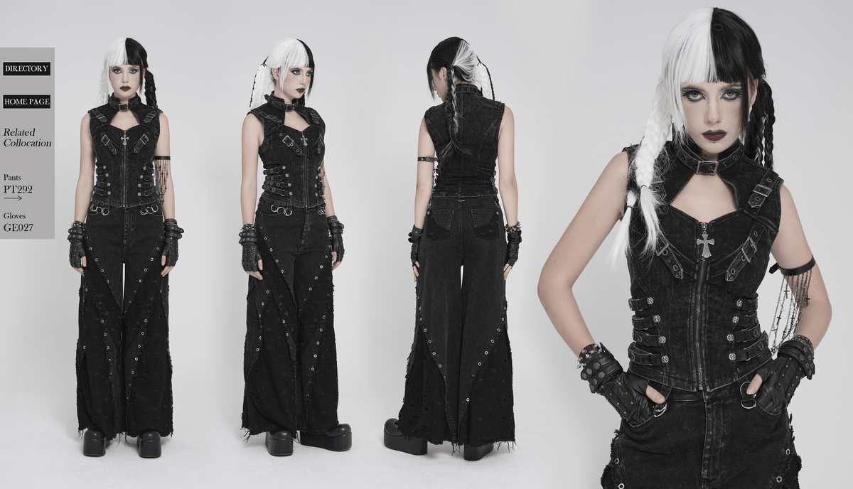 Distressed Gothic Vest With Buckle Strap Detail
