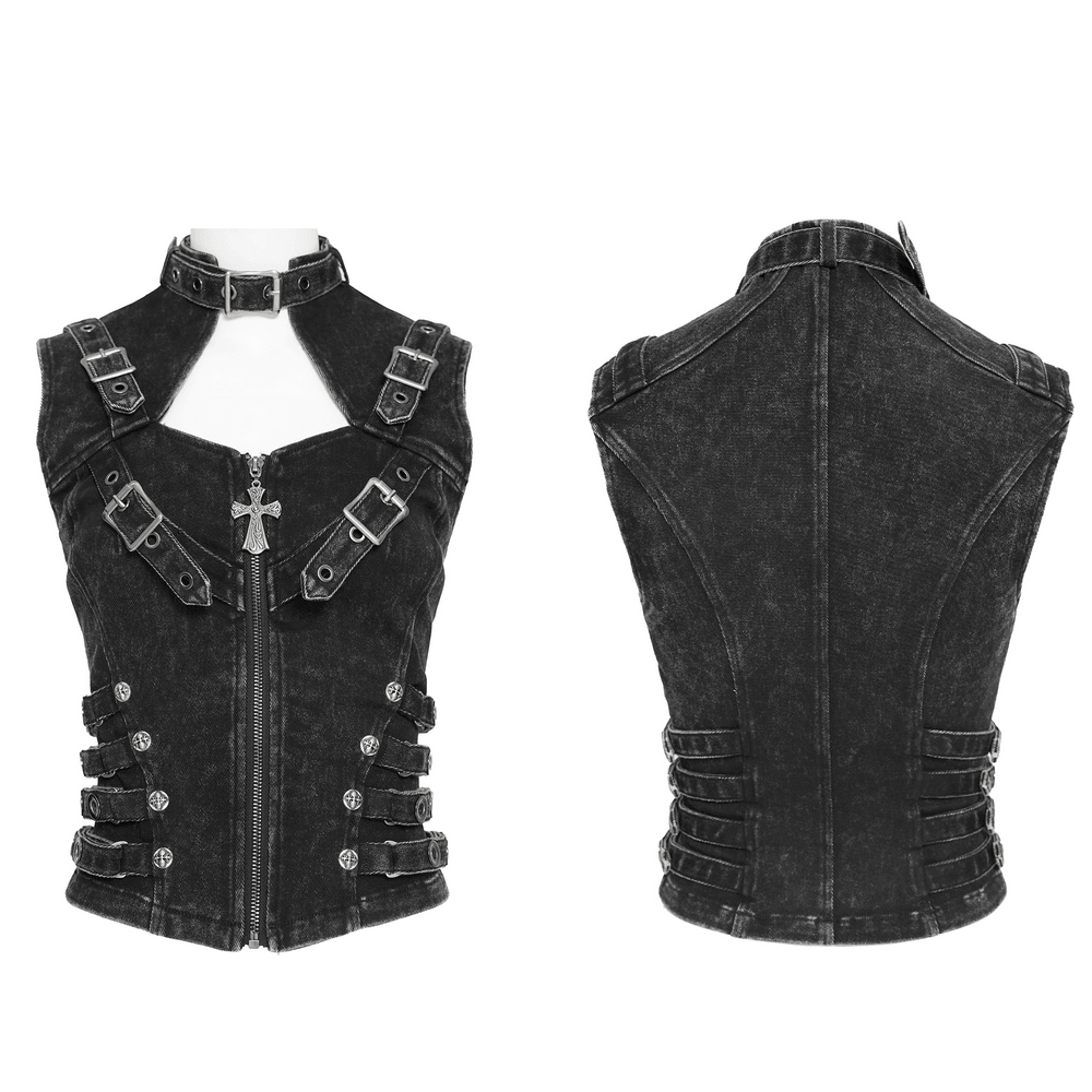 Distressed Gothic Vest With Buckle Strap Detail