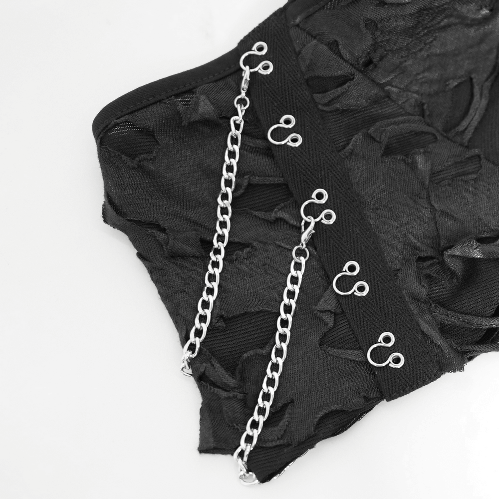 Distressed Off-Shoulder Top with Chains and Zipper Detail