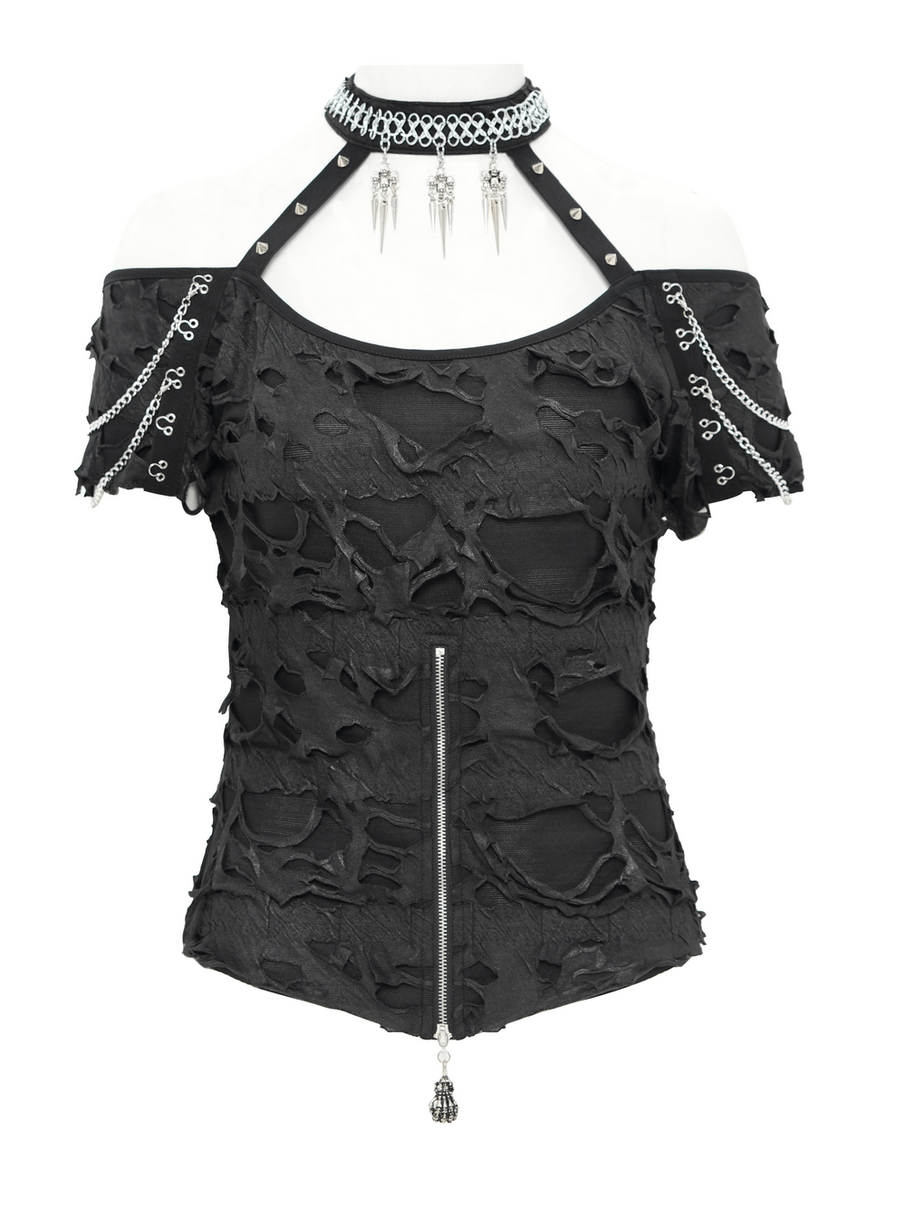 Distressed Off-Shoulder Top with Chains and Zipper Detail