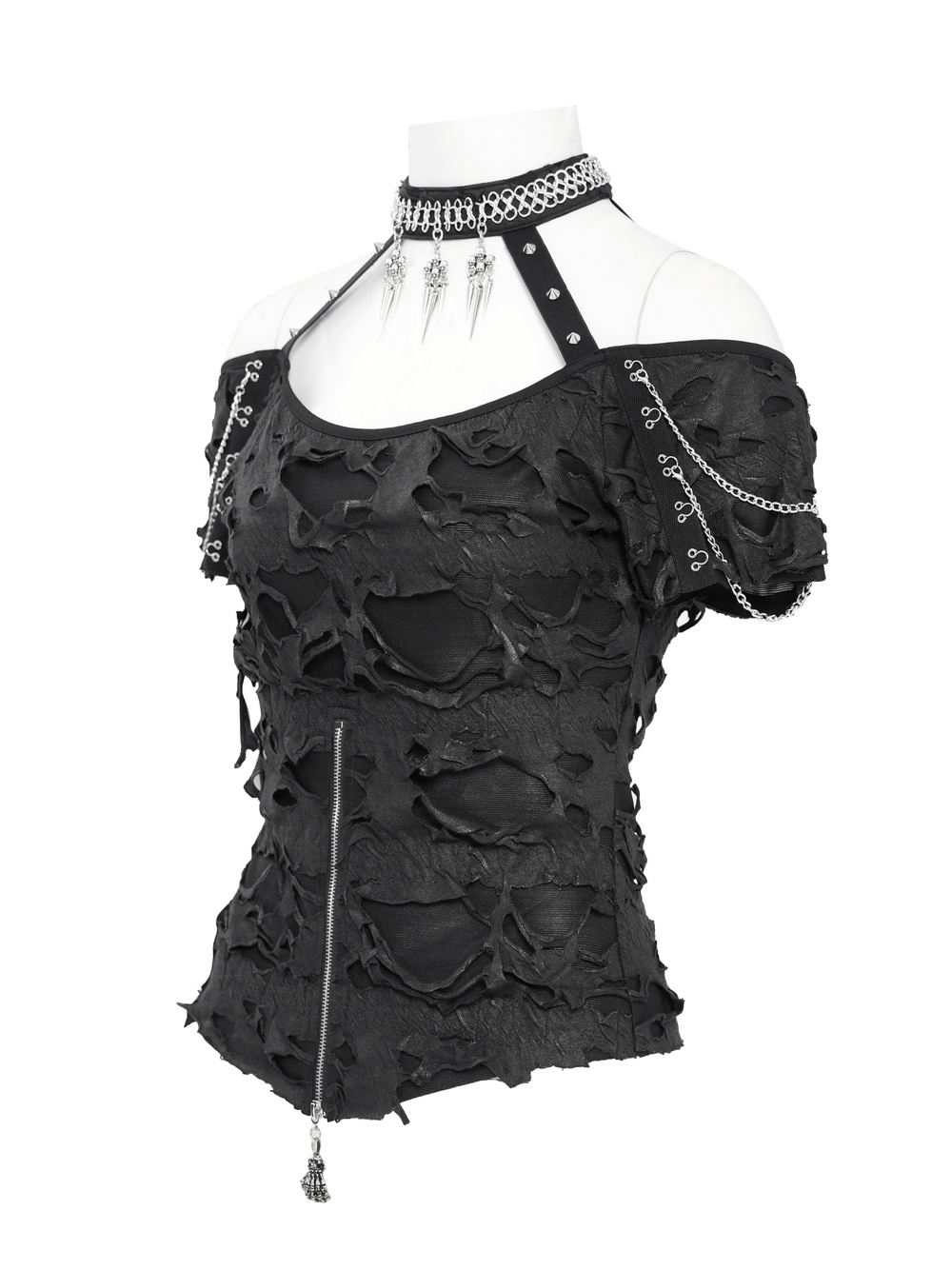 Distressed Off-Shoulder Top with Chains and Zipper Detail