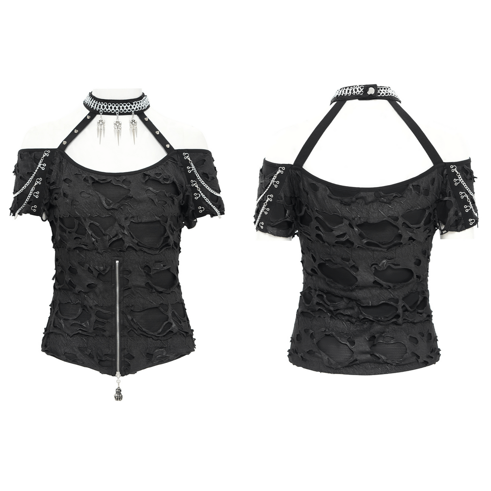 Distressed Off-Shoulder Top with Chains and Zipper Detail
