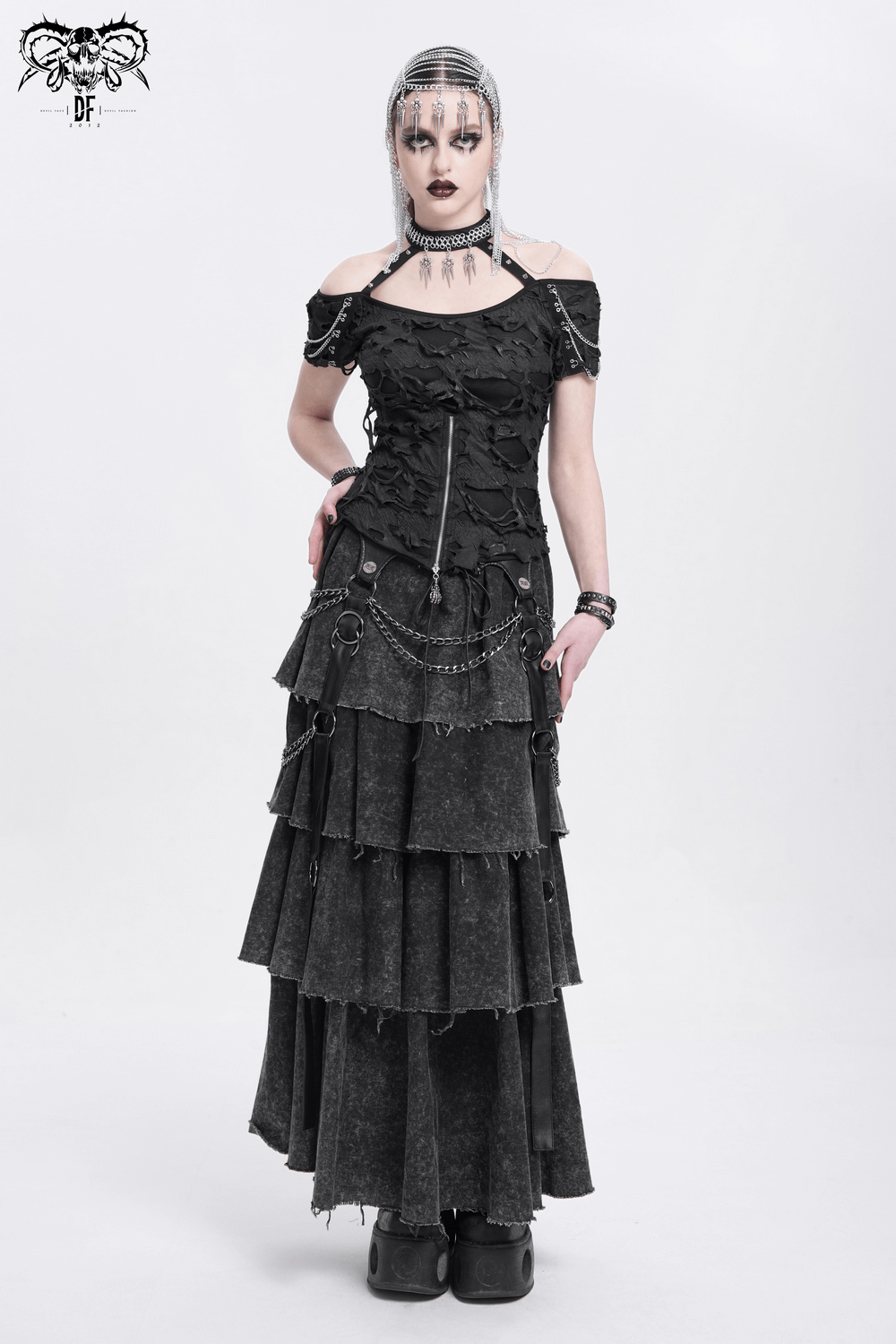 Distressed Off-Shoulder Top with Chains and Zipper Detail