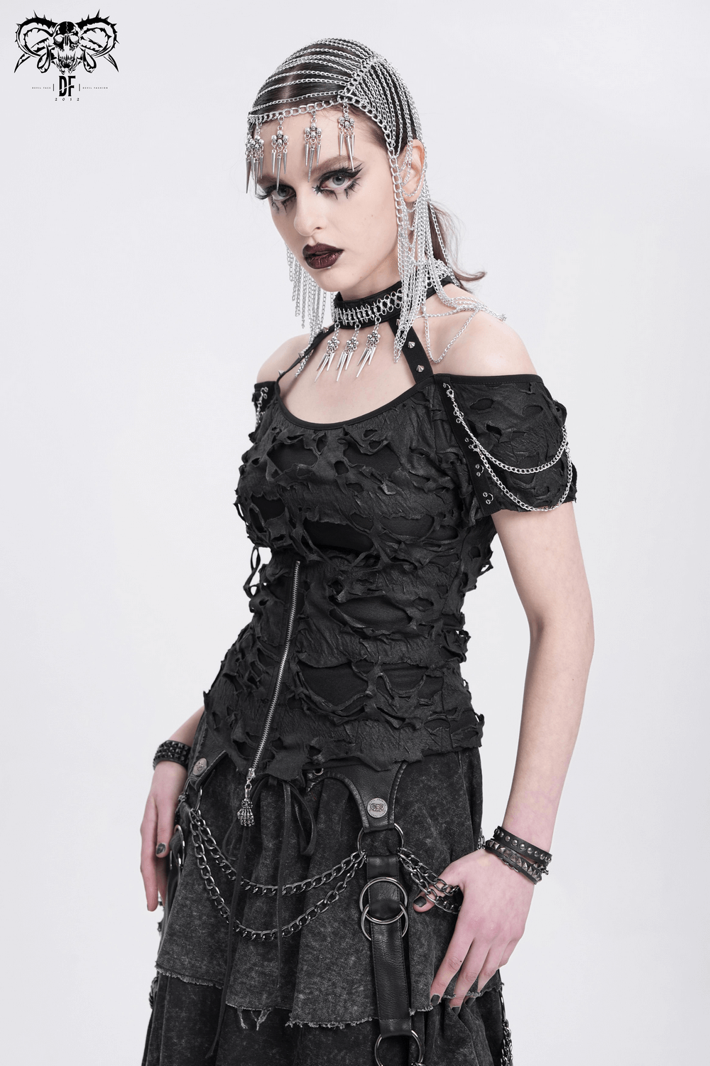 Distressed Off-Shoulder Top with Chains and Zipper Detail