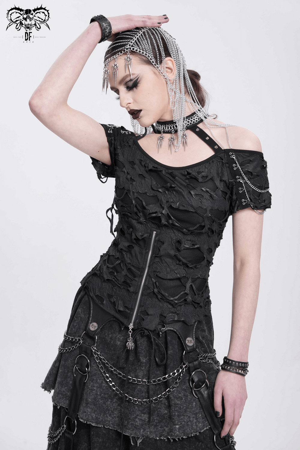 Distressed Off-Shoulder Top with Chains and Zipper Detail