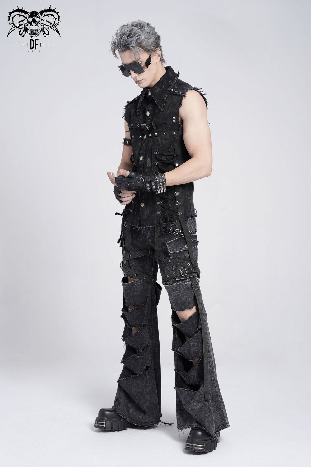 Distressed Pants with Chains and Strap Details for Men