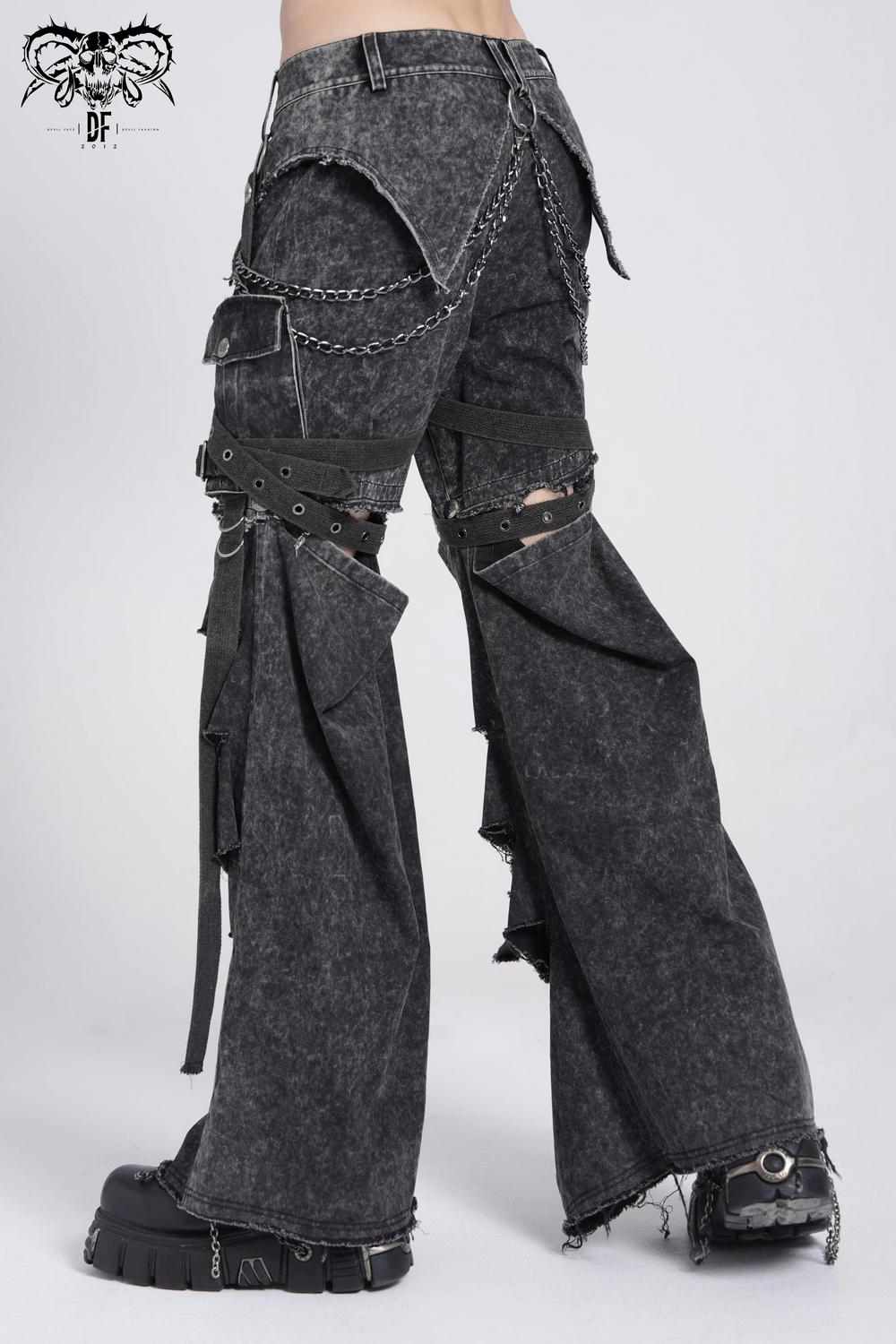 Distressed Pants with Chains and Strap Details for Men