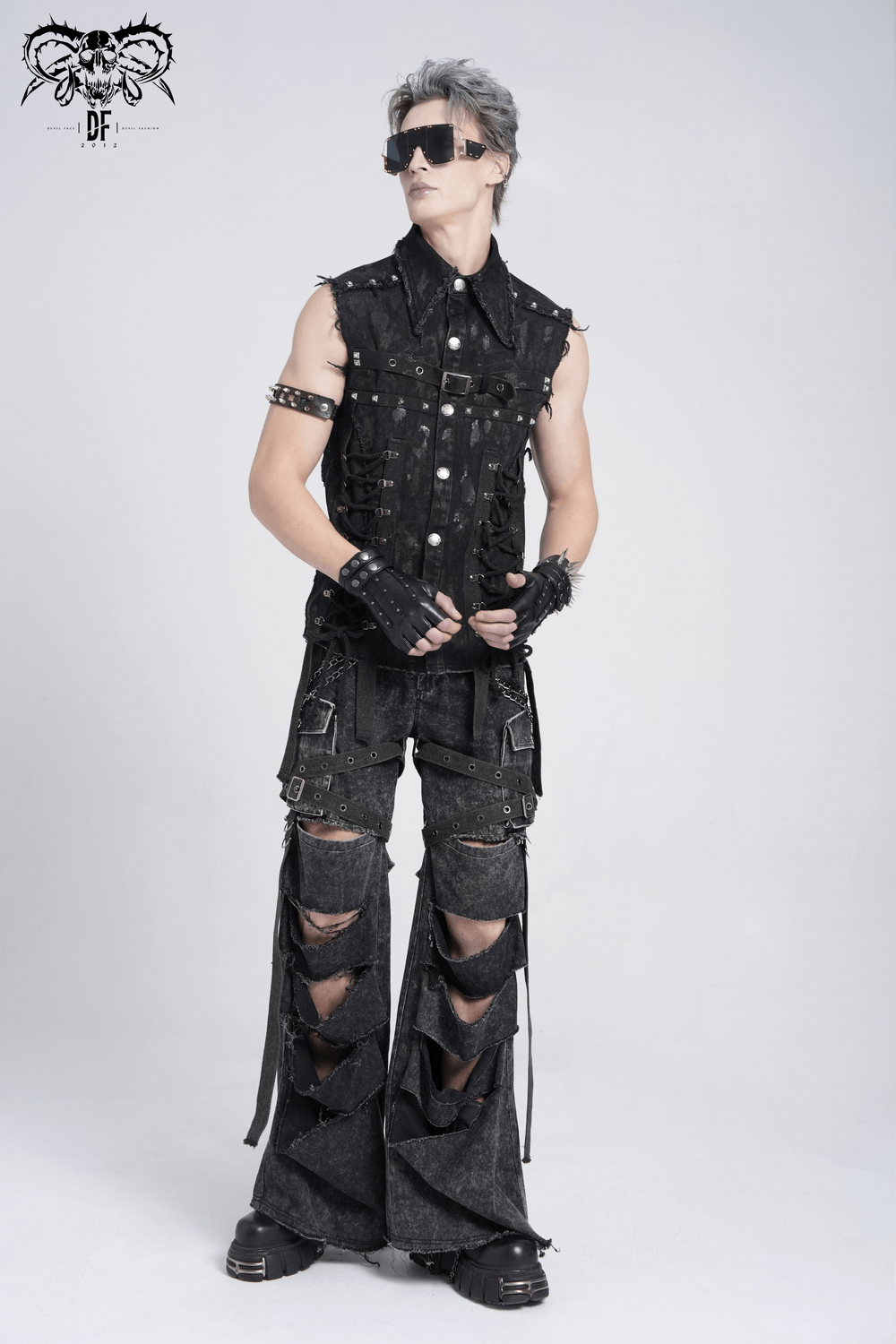 Distressed Pants with Chains and Strap Details for Men