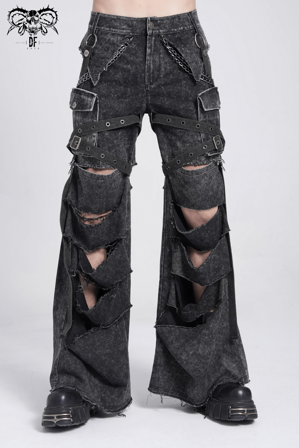 Distressed Pants with Chains and Strap Details for Men