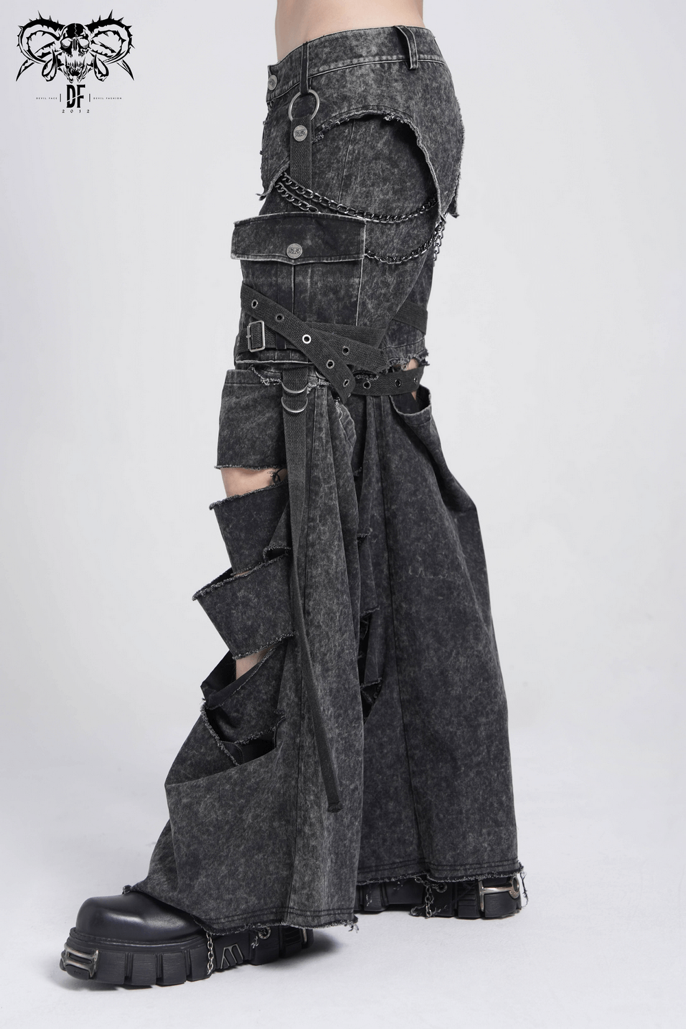 Distressed Pants with Chains and Strap Details for Men