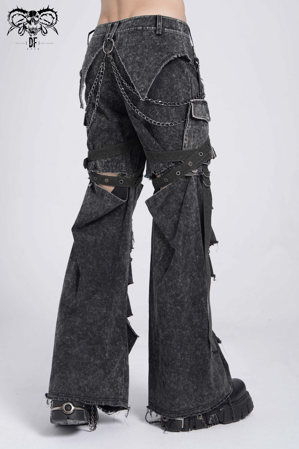 Distressed Pants with Chains and Strap Details for Men