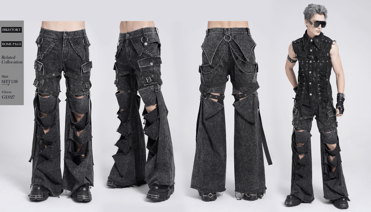 Distressed Pants with Chains and Strap Details for Men