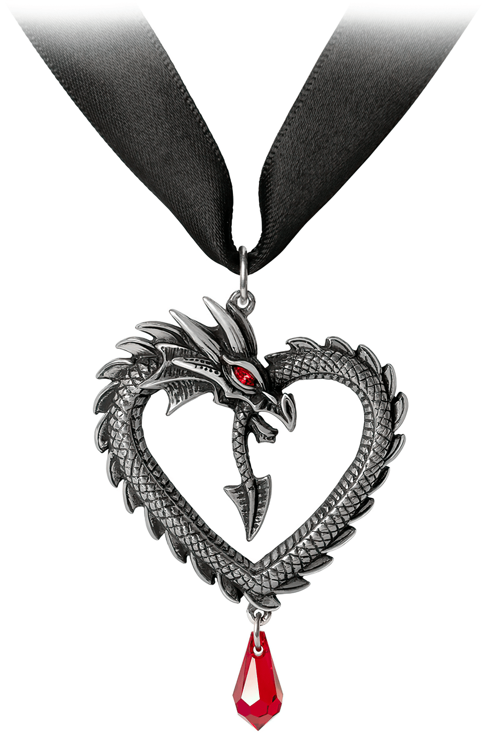 Dragon Heart Pendant with Red Crystal and Satin Ribbon