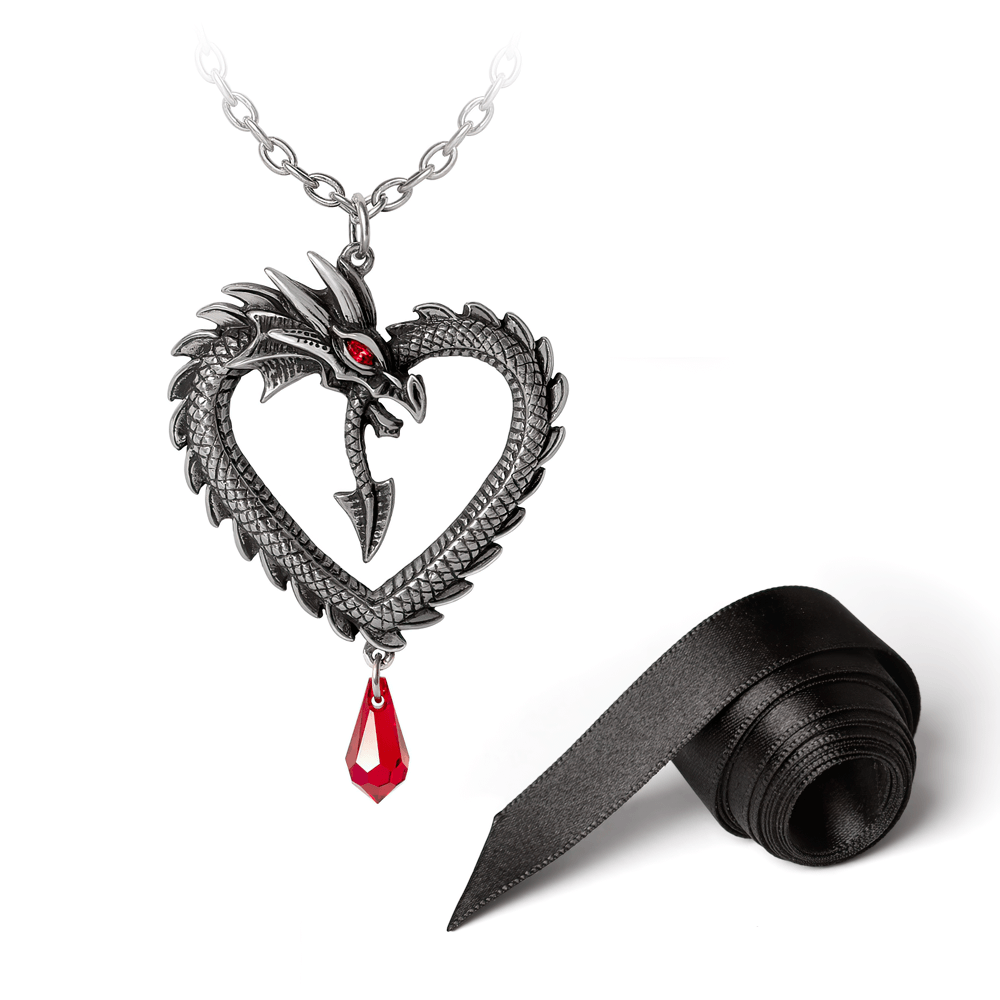 Dragon Heart Pendant with Red Crystal and Satin Ribbon