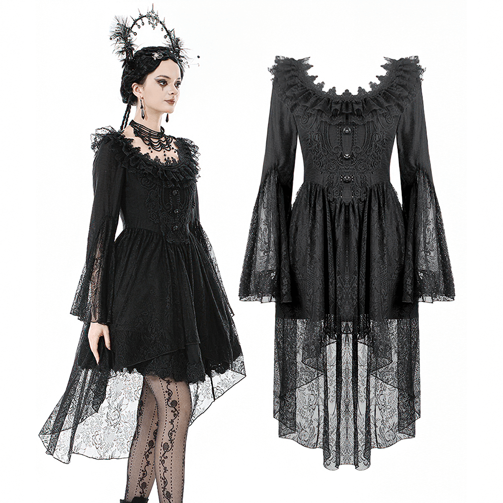 Dramatic Lace High Low Dress with Corset Back and Ruffles