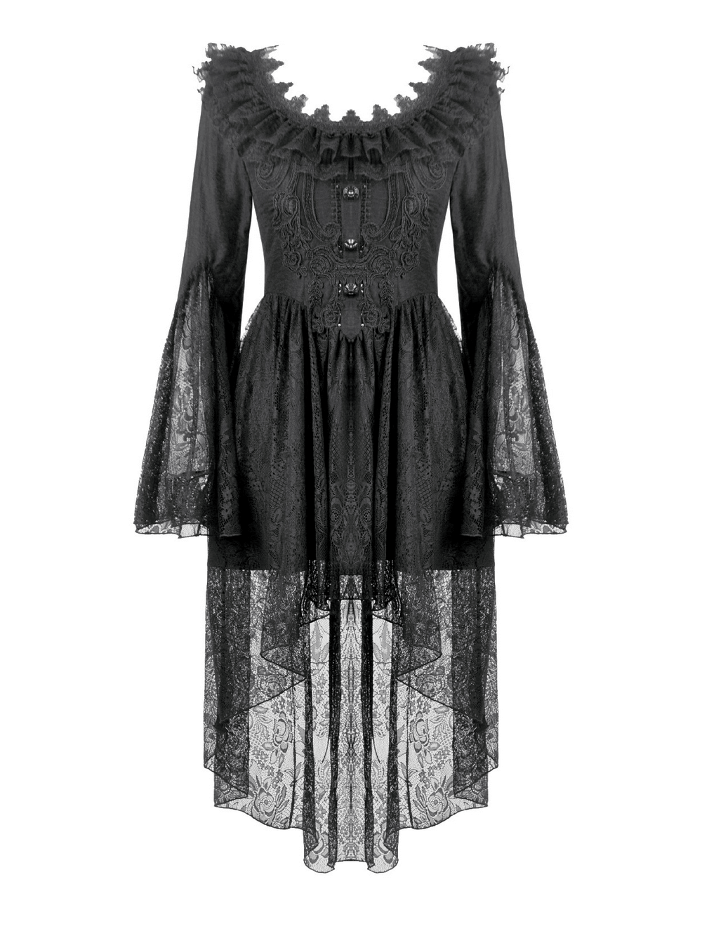 Dramatic Lace High Low Dress with Corset Back and Ruffles