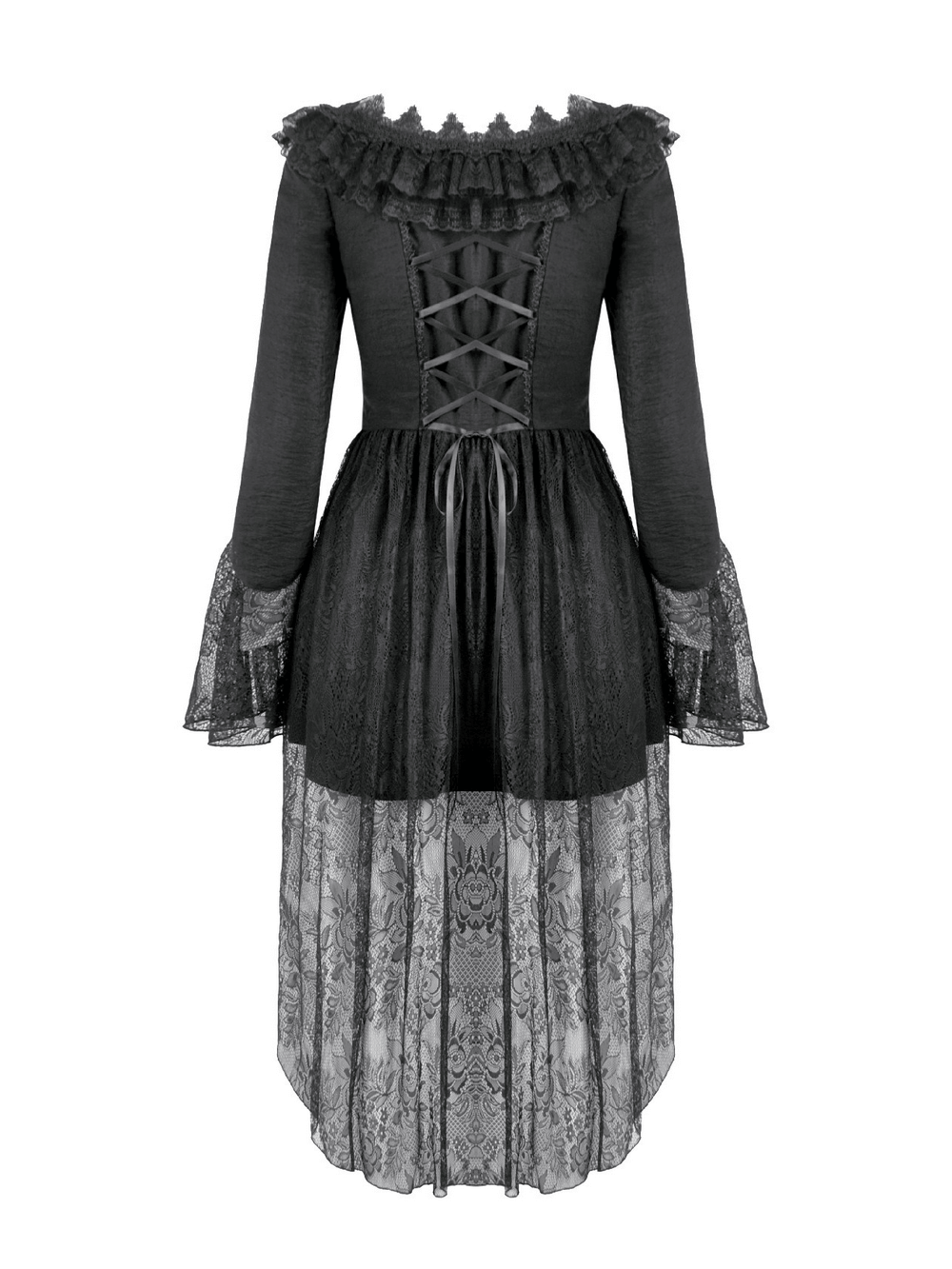 Dramatic Lace High Low Dress with Corset Back and Ruffles