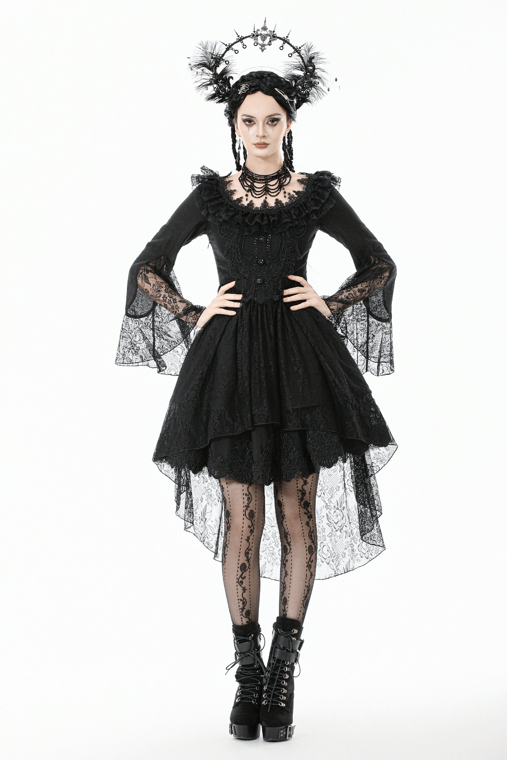 Dramatic Lace High Low Dress with Corset Back and Ruffles