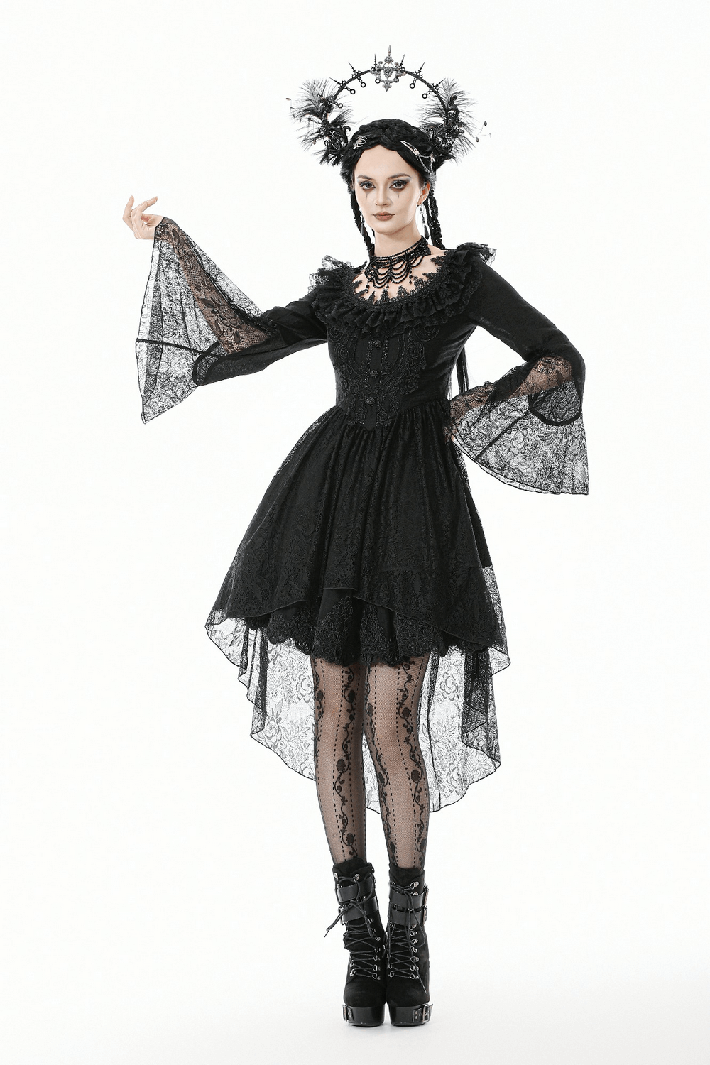 Dramatic Lace High Low Dress with Corset Back and Ruffles