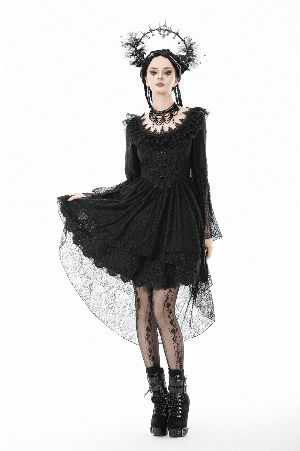 Dramatic Lace High Low Dress with Corset Back and Ruffles