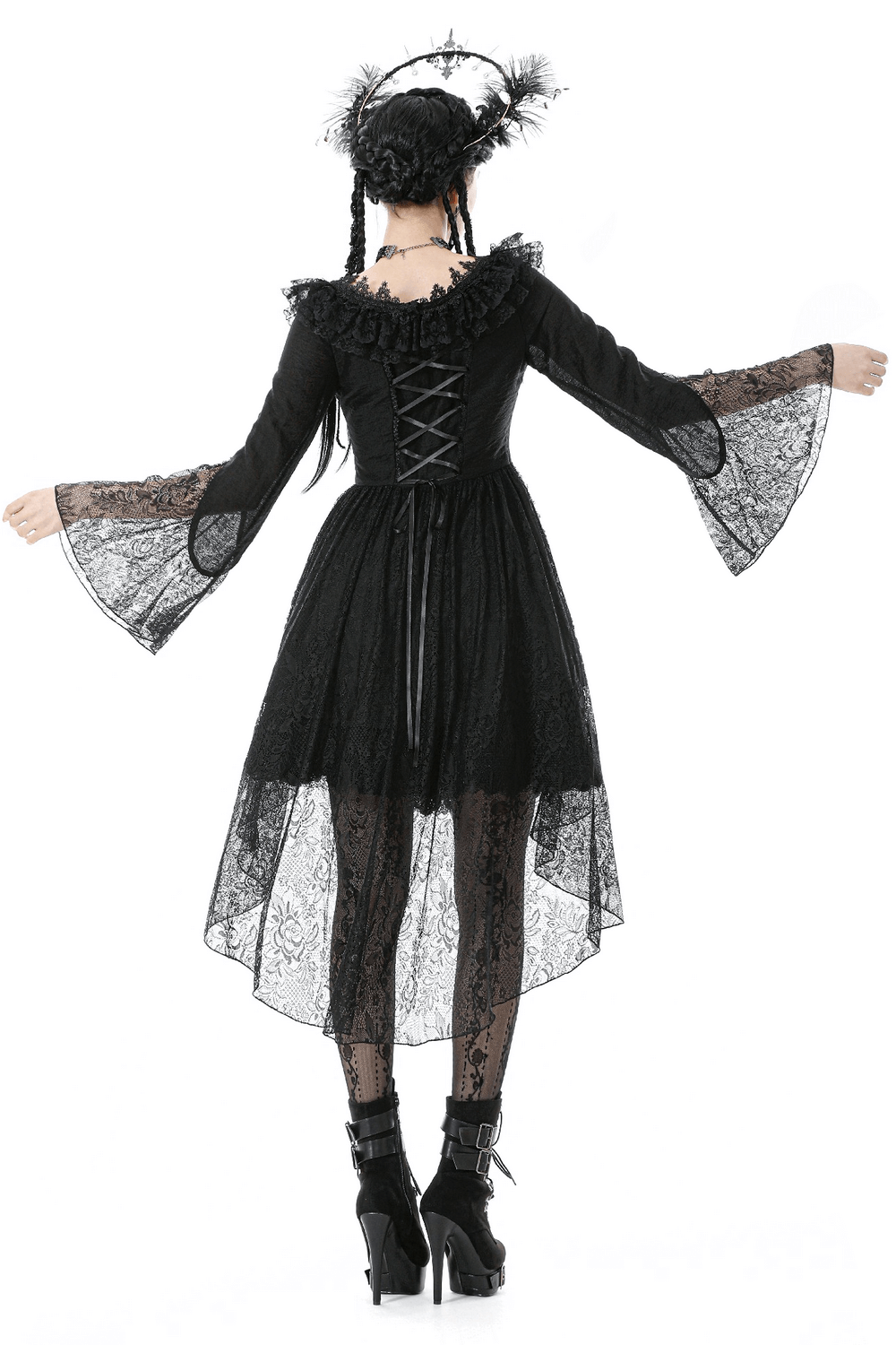 Dramatic Lace High Low Dress with Corset Back and Ruffles