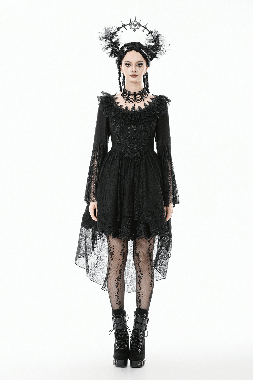 Dramatic Lace High Low Dress with Corset Back and Ruffles