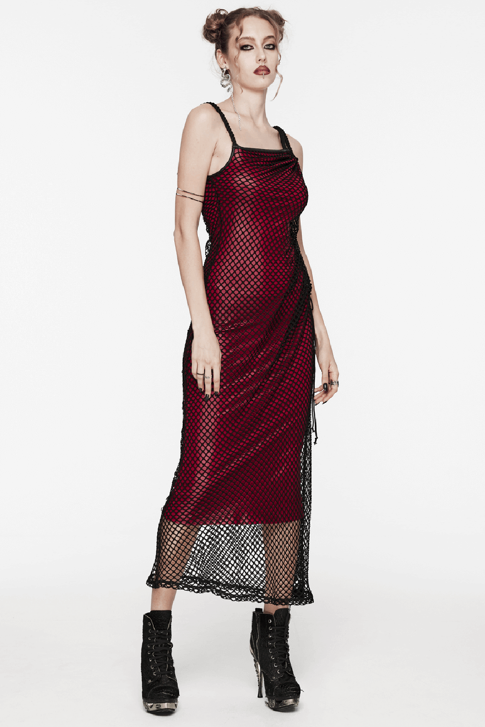 Edgy Goth Asymmetric Dress with Mesh and Shoulder Straps