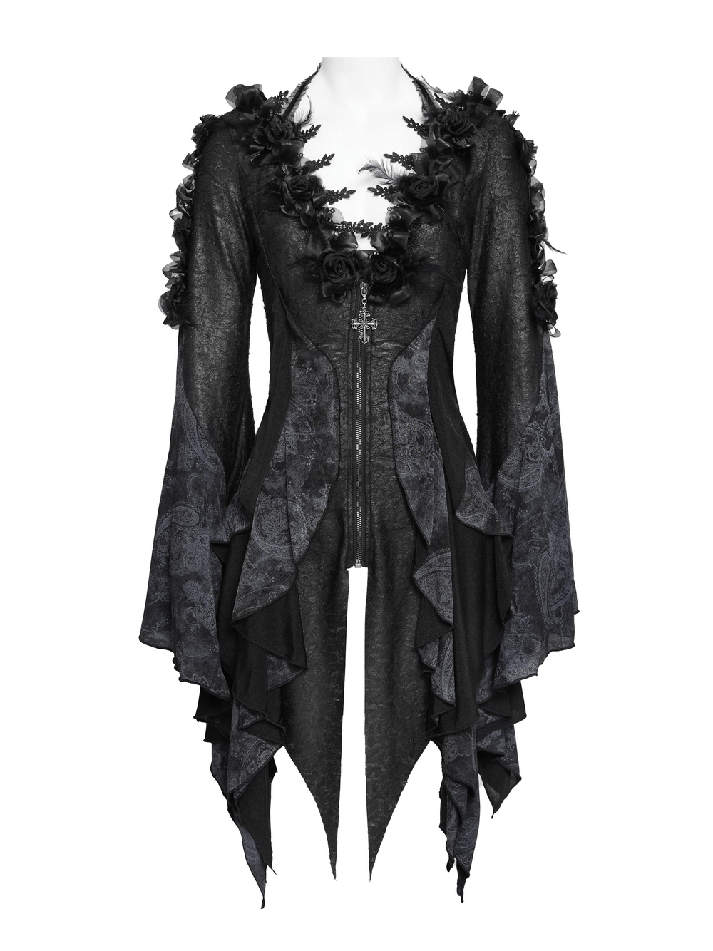 Edgy Lace-Up Blouse with Rose Trim and Bell Sleeves