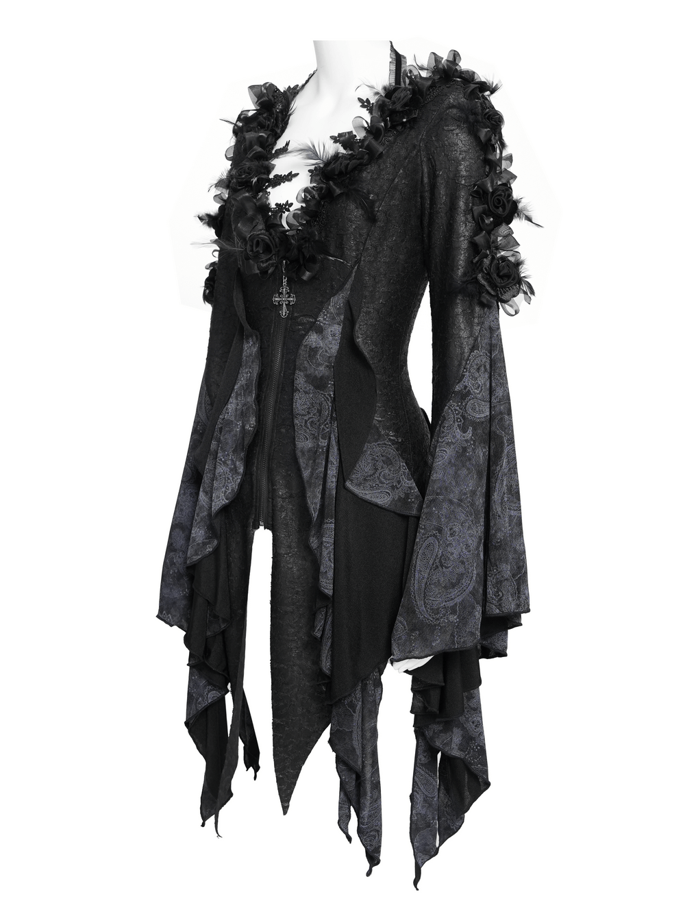 Edgy Lace-Up Blouse with Rose Trim and Bell Sleeves