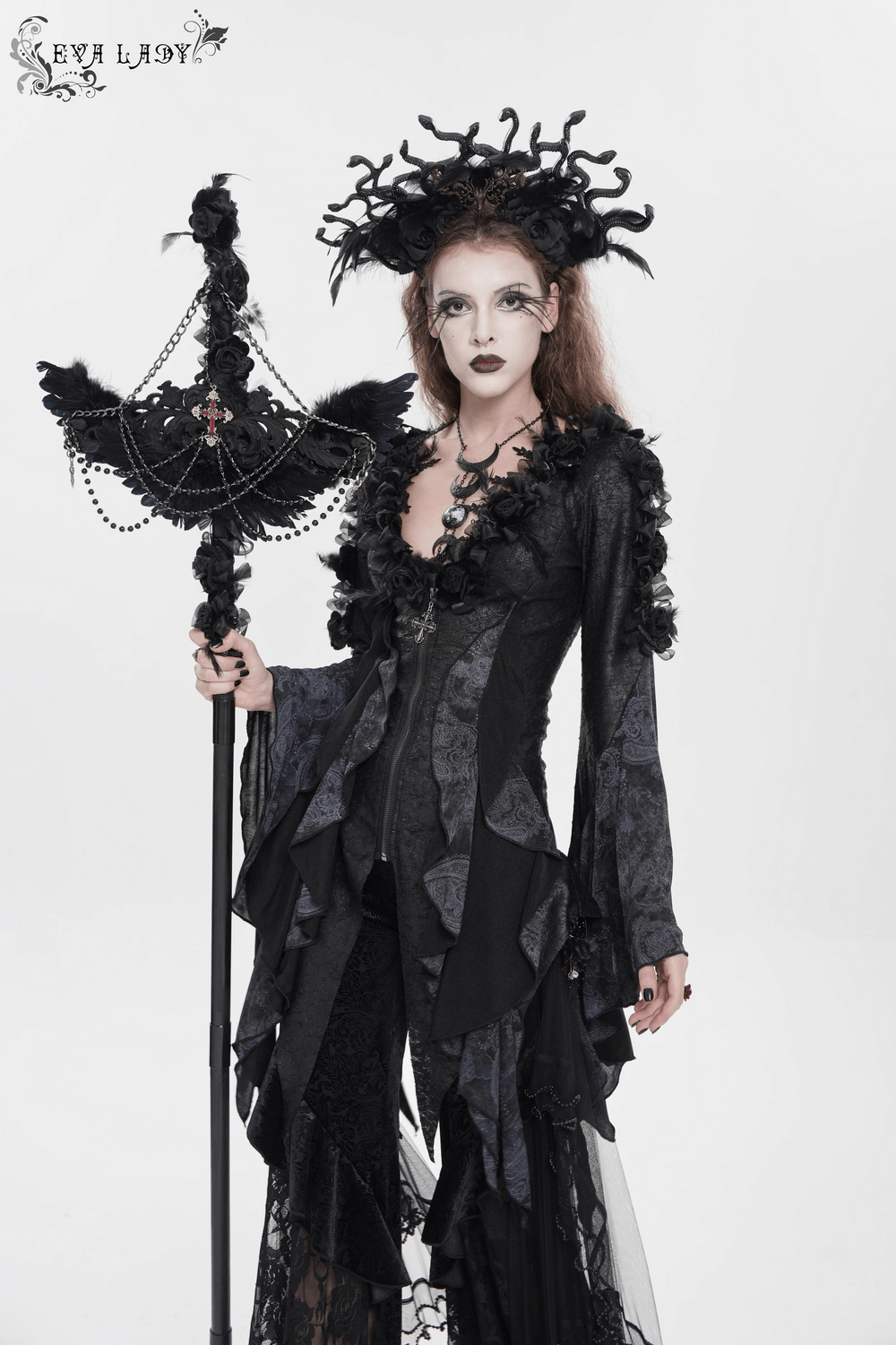 Edgy Lace-Up Blouse with Rose Trim and Bell Sleeves