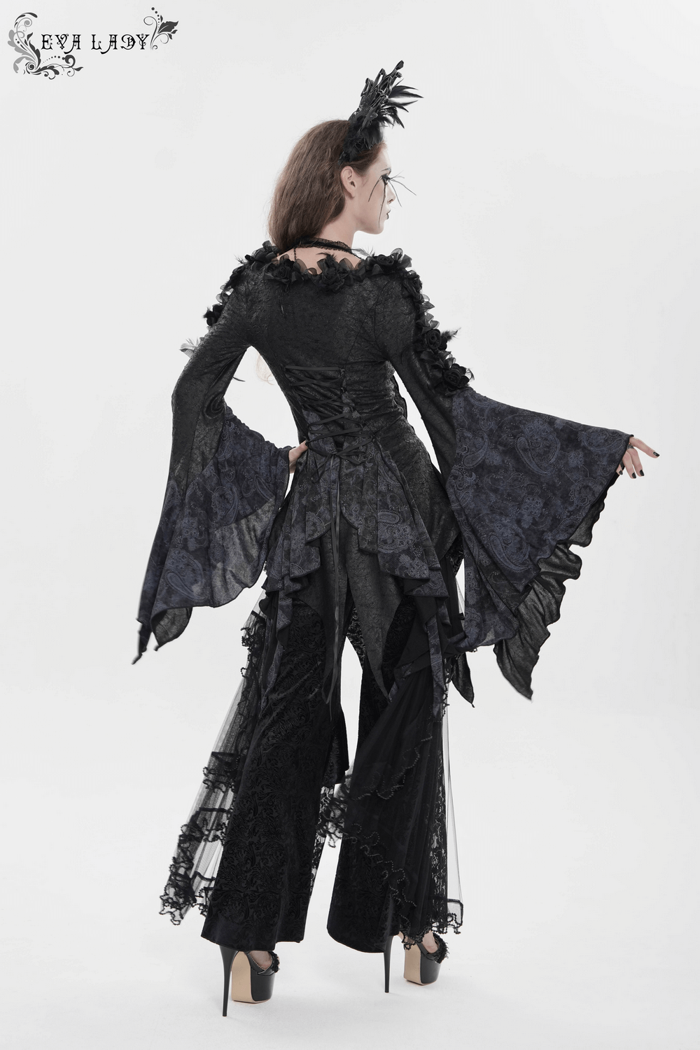 Edgy Lace-Up Blouse with Rose Trim and Bell Sleeves