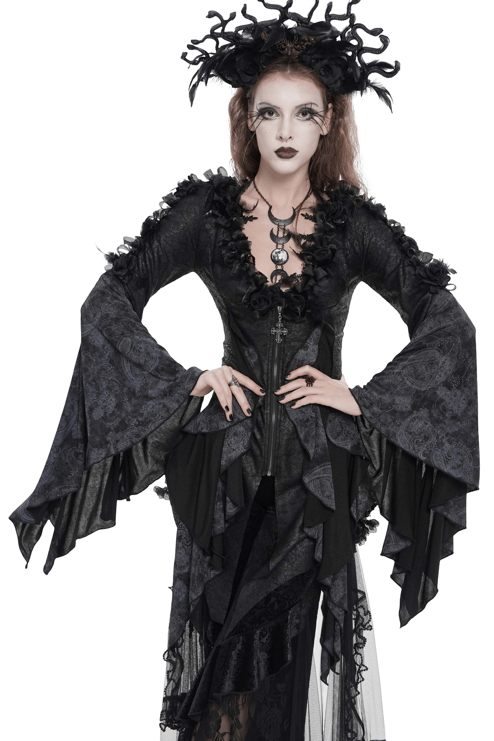 Edgy Lace-Up Blouse with Rose Trim and Bell Sleeves