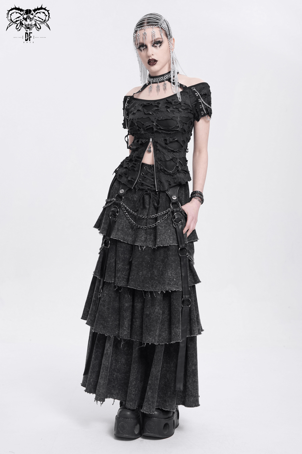 Edgy Layered Gothic Skirt with Chains and Lace-Up